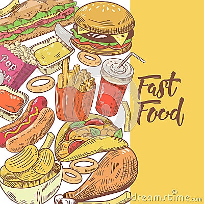 Fast Food Hand Drawn Design with Burger, Fries and Sandwich. Unhealthy Eating Vector Illustration