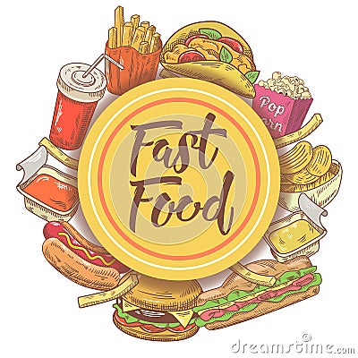 Fast Food Hand Drawn Design with Sandwich, Burger, Fries and Drink. Unhealthy Eating Vector Illustration