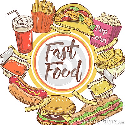 Fast Food Hand Drawn Design with Sandwich, Fries and Burger. Unhealthy Eating Vector Illustration