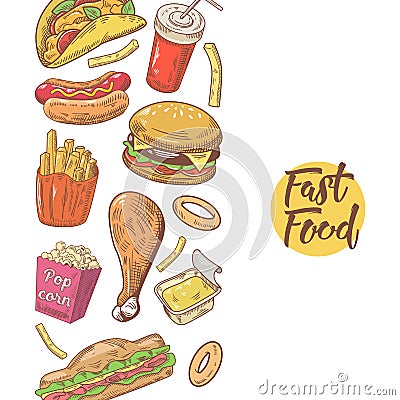 Fast Food Hand Drawn Menu Design with Burger, Fries and Sandwich. Unhealthy Eating Vector Illustration