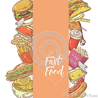 Fast Food Hand Drawn Menu Design with Sandwich, Fries and Burger. Unhealthy Eating Vector Illustration