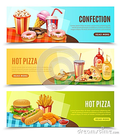 Fast Food Horizontal Banners Set Vector Illustration