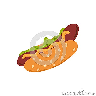 Fast food. Hot dog cartoon illustration. Vector hotdog hand drawn illustration. Vector Illustration