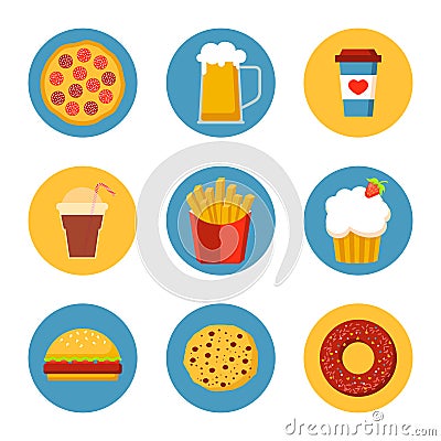 Fast food icon set collection, flat design. Pizza, beer, coffee, cold drink, french fries, cupcake, burger, cake, donut Vector Illustration