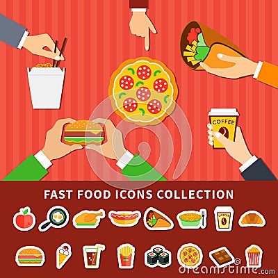 Fast Food Icons Hands Flat Banners Vector Illustration