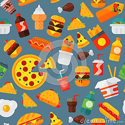 Fast food icons restaurant tasty cheeseburger meat and unhealthy meal vector illustration seamless pattern background Vector Illustration