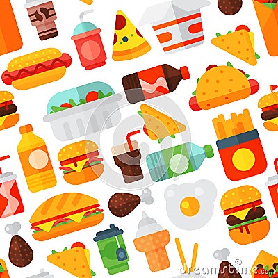 Fast food icons restaurant tasty cheeseburger meat and unhealthy meal vector illustration seamless pattern background Vector Illustration