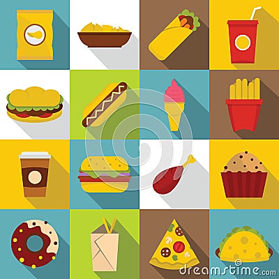 Fast food icons set, flat style Vector Illustration