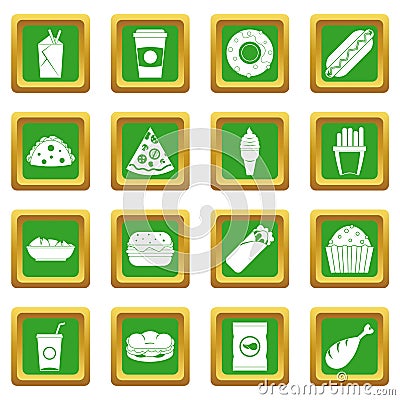 Fast food icons set green Vector Illustration