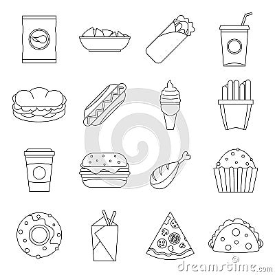 Fast food icons set, outline style Vector Illustration