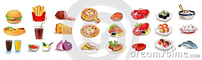 Fast food icons set. Vector food items on white background for menu or game design Vector Illustration