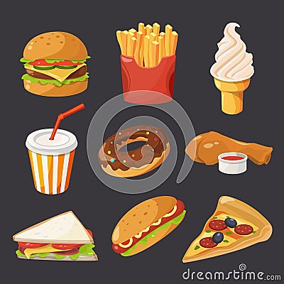 Fast food illustration in cartoon style. Pictures of burger, cold drinks, tacos and hotdog Vector Illustration