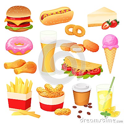 Fast food isolated set, snack menu collection, hamburger and sweets, vector illustration Vector Illustration