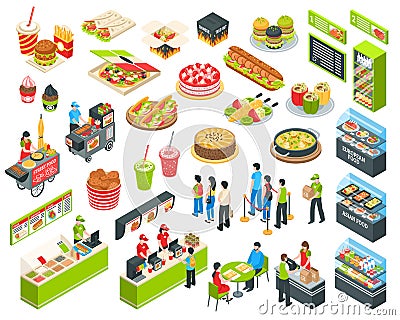 Fast Food Isometric Cort Set Vector Illustration