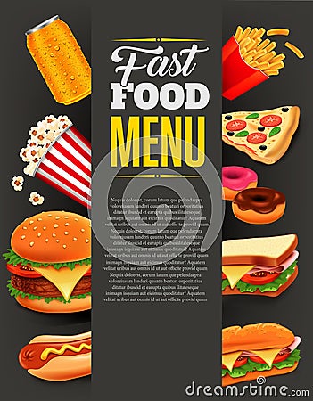 fast food menu with hamburger, fries, hotdog, drinks, sandwich, baguette, pizza, donut and popcorn Stock Photo