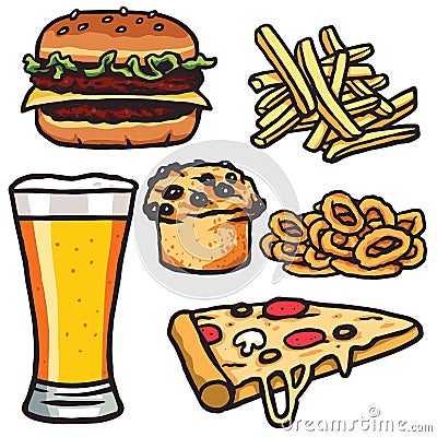 Fast Food, Junk Food Products Set. Isolated on White Background. Vector Image Vector Illustration