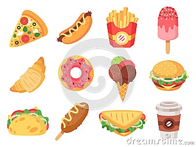 Fast food. Junk food and snacks, hamburger, taco, french fries, donut and pizza high calorie food. Doodle fast food Vector Illustration