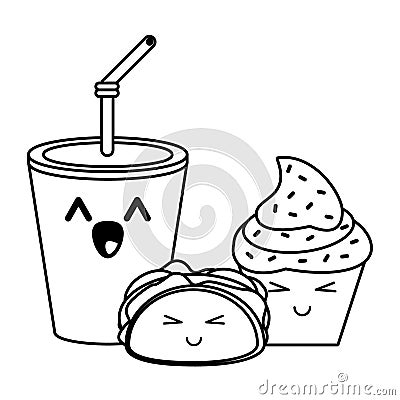 Fast food kawaii cartoon in black and white Vector Illustration