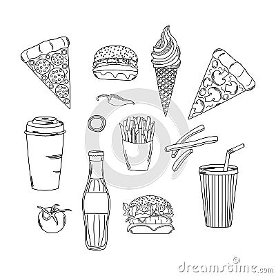 Fast food set. Hand drawn vector food collection: pizza, hamburger, French fries, Burger, hot pepper, soda, onion, tomato, ice cre Vector Illustration