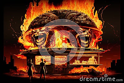 fast food kitchen hell inferno burning illustration generative ai Cartoon Illustration
