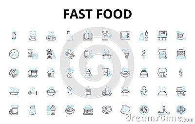 Fast food linear icons set. Burgers, Fries, Nuggets, Wings, Pizza, Tacos, Subs vector symbols and line concept signs Vector Illustration