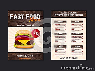 Fast food loft menu brochure design on wooden background vector template in A4 size. flyer, baner and Layout Design. food concept Stock Photo