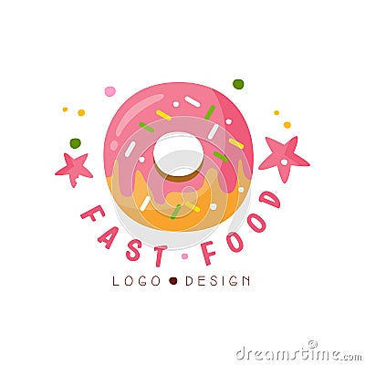 Fast food logo design, badge with glazed donut sign, fast food menu vector Illustration on a white background Vector Illustration