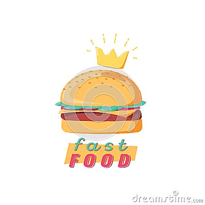 Fast food logo design, burger sign with crown, fast food menu vector Illustration on a white background Vector Illustration