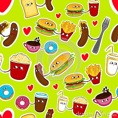 Fast food love seamless emoticons. Vector Illustration