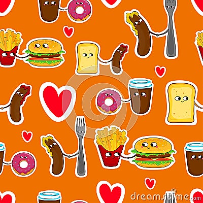 Fast food love seamless emoticons. Vector Illustration