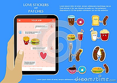 Fast food love stickers on chat application. Vector Illustration