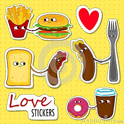 Fast food love stickers. Vector Illustration