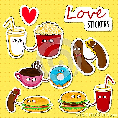 Fast food love stickers. Vector Illustration