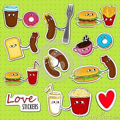 Fast food love stickers. Vector Illustration