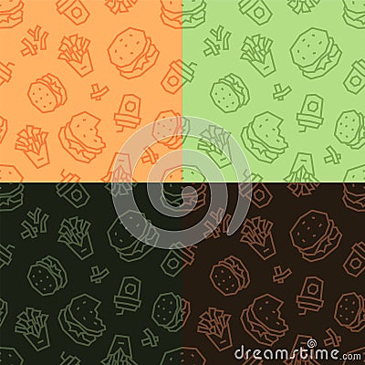 Fast food low poly seamless patterns. Light and dark, 4 variations. Vector Illustration