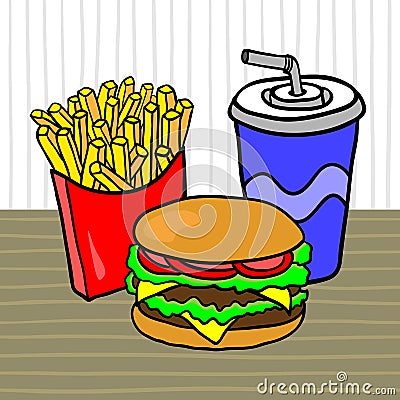 Fast food. Lunch with fries, burger and beverage on a table in a cafe. Vector Illustration