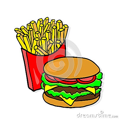 Fast food. Lunch with fries and burger Vector Illustration
