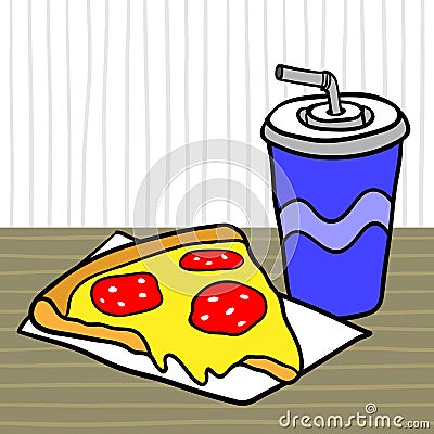 Fast food. Lunch with pizza and beverage lies on a table in a cafe. Vector Illustration