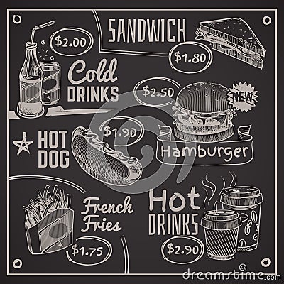 Fast food menu. Coffee, burger and hotdog, donut and fries, ice cream and cola, sandwich. Chalk drawing restaurant Vector Illustration