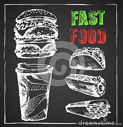 Fast food, menu, hand drawn chalk Board Vector Illustration