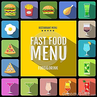 Fast food menu. Set of food and drinks icons. Flat style design. Vector Illustration