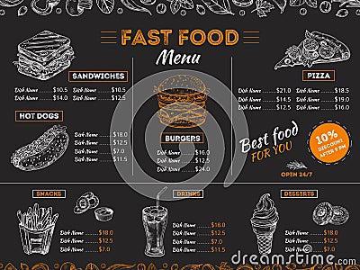 Fast food menu. Sketch sandwich burger, pizza snacks vintage design on chalkboard. Fast food restaurant menu board Vector Illustration