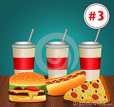 fast food menu template with combo meal number three Vector Illustration