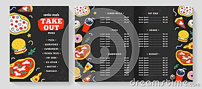 Fast food menu, vector leaflet layout, restaurant menu template, american and italian food, pizza, hamburger and soda Vector Illustration