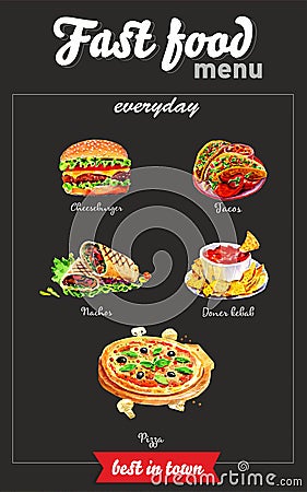 Fast food menu. Watercolor pictures Stock Photo