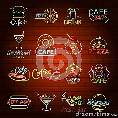 Fast food neon shop sign icons set, flat style Vector Illustration