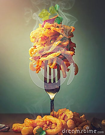Fast food nocive nutrition concept with a fork holding a pile of oilish foodstuffs on top. Unhealthy eating habits Stock Photo