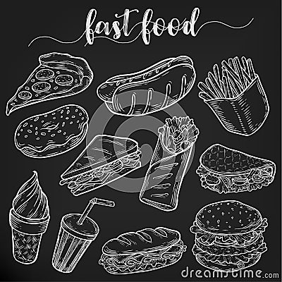 Set of isolated sketches of fast or junk food Vector Illustration