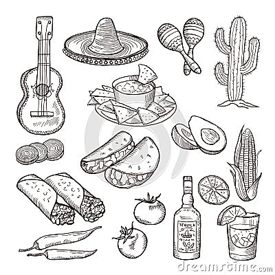 Fast food and other mexican culture elements. Sombrero, guitar, tequila and tacos. Vector hand drawn set Vector Illustration