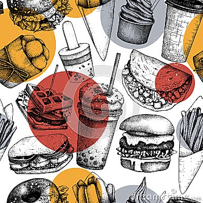 Seamless pattern with hand drawn fast food illustrations. Vintage background for restaurant, cafe or food truck menu. Engraved st Cartoon Illustration